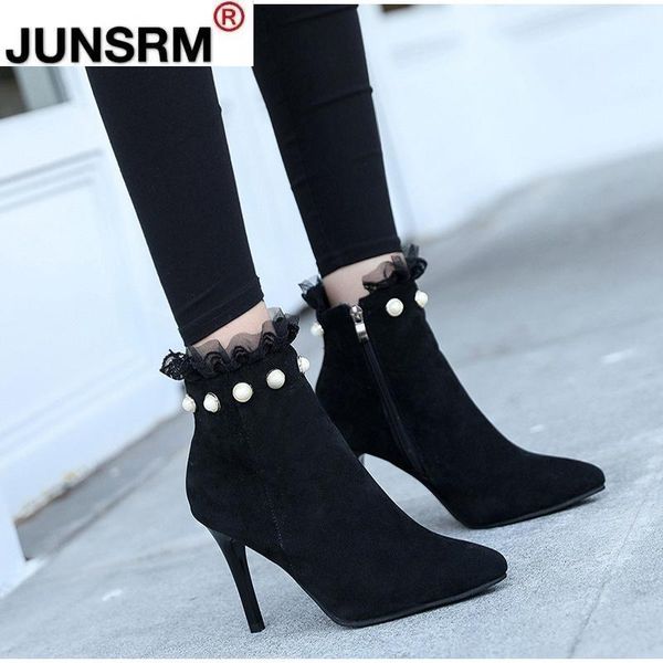boots women pointed toe pearl zipper ankle lace pump thin high heels female autumn ladies flock elegant fashion shoes, Black
boots women pointed toe pearl zipper ankle lace pump thin high heels female autumn ladies flock elegant fashion shoes, Black