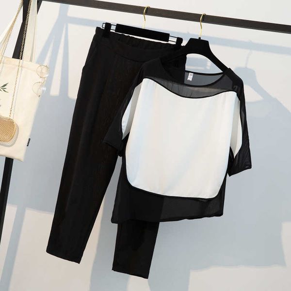 jsxdhk new summer black white patchwork chiffon loose shirt women pant suits and plus size elastic waist calf- length pants set p0810, Gray
jsxdhk new summer black white patchwork chiffon loose shirt women pant suits and plus size elastic waist calf- length pants set p0810, Gray