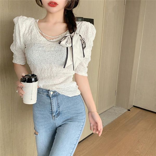 women's t-shirt short-sleeved women 2021 summer slim black/white chain pearl tee korean design top
women's t-shirt short-sleeved women 2021 summer slim black/white chain pearl tee korean design top