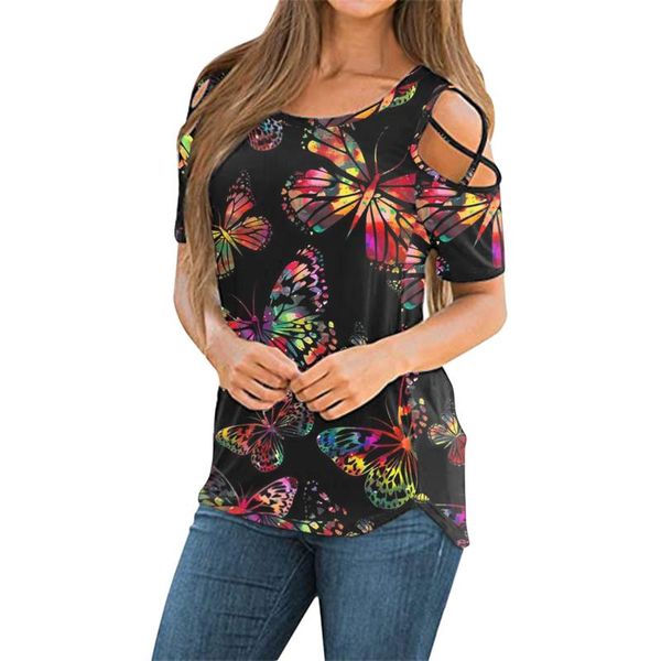 women's t-shirt women oversize t shirts floral butterfly print short sleeve strappy cold shoulder casual all-match hollow clothing, White
women's t-shirt women oversize t shirts floral butterfly print short sleeve strappy cold shoulder casual all-match hollow clothing, White