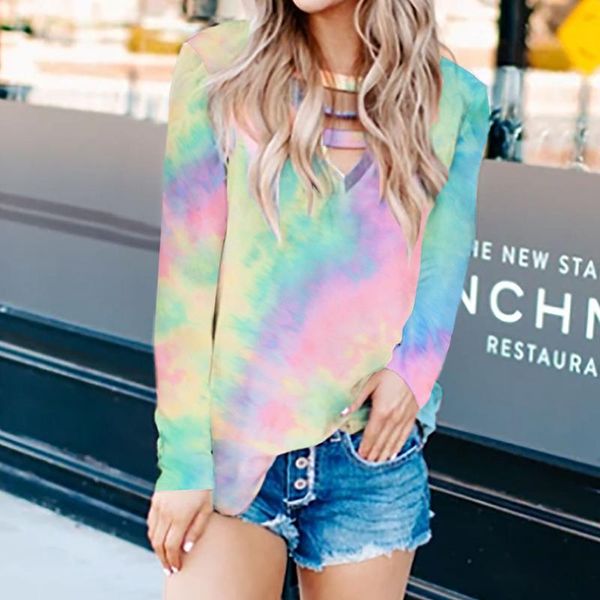 women's t-shirt tie dye v neck tee hollow out women autumn winter long sleeve casual bottoming streetwear, White
women's t-shirt tie dye v neck tee hollow out women autumn winter long sleeve casual bottoming streetwear, White