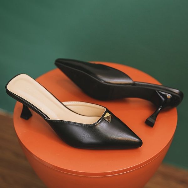 women heels heel height 7cm personality rivets design office solid color muller shoes pointed slippers women shoes, Black
women heels heel height 7cm personality rivets design office solid color muller shoes pointed slippers women shoes, Black