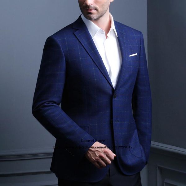 men's suits & blazers fashion blue plaid slim fit mens casual 2 piece jacket pants set wedding groom tuxedo formal business blazer cost, White;black 
men's suits & blazers fashion blue plaid slim fit mens casual 2 piece jacket pants set wedding groom tuxedo formal business blazer cost, White;black