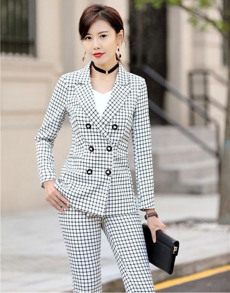 women's suits & blazers fashion grid 2 pieces sets with jackets and pants novelty for women office business work wear ol styles, White;black
women's suits & blazers fashion grid 2 pieces sets with jackets and pants novelty for women office business work wear ol styles, White;black