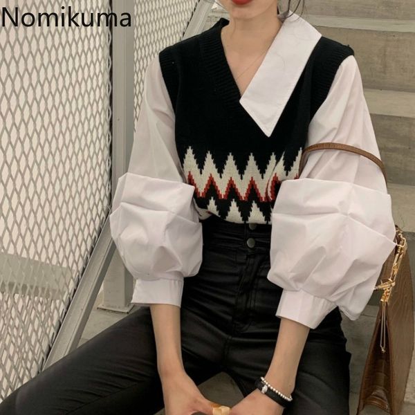 nomikuma fashion knitted patchwork vintage shirts fake two piece v neck long sleeve retro blouse women korean style blusa 210514, White
nomikuma fashion knitted patchwork vintage shirts fake two piece v neck long sleeve retro blouse women korean style blusa 210514, White