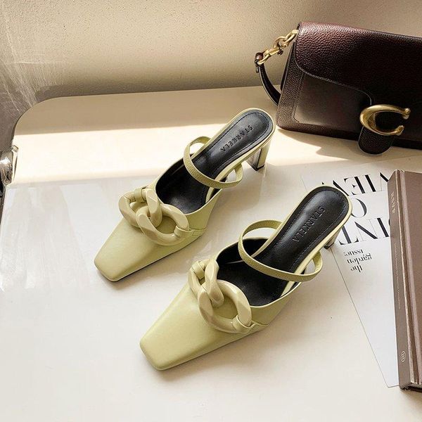 women high heels slippers chain buckle summer casual square heel toe slides woman outdoor comfort soft sandals, Black
women high heels slippers chain buckle summer casual square heel toe slides woman outdoor comfort soft sandals, Black