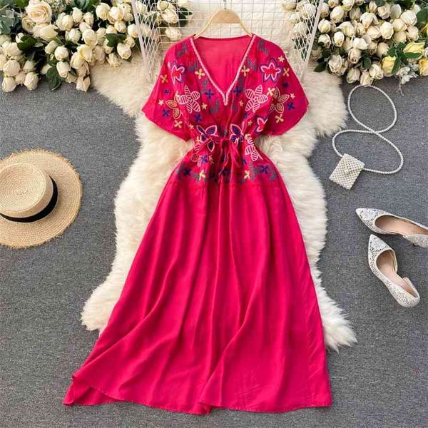 national style printed vestidos women's v-neck short-sleeved lace-up waist was thin literary temperament midi dress c749 210506, Black;gray
