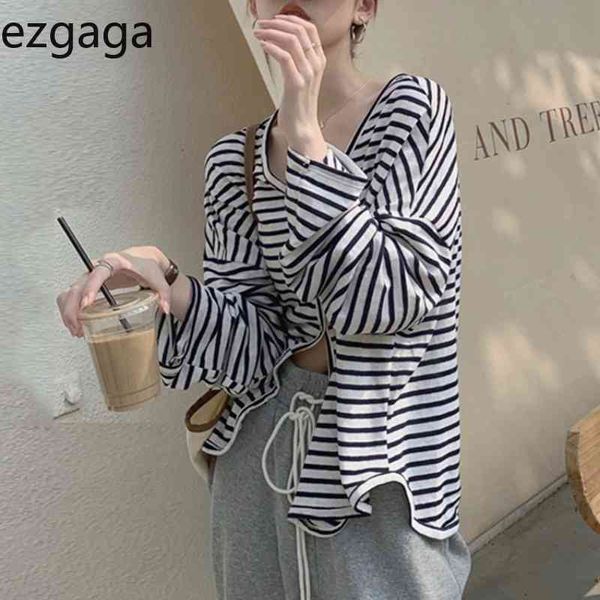 ezgaga korean fashion bandage striped t shirt women long sleeve v-neck single-breasted loose summer tshirts all-match casual 210430, White 
ezgaga korean fashion bandage striped t shirt women long sleeve v-neck single-breasted loose summer tshirts all-match casual 210430, White