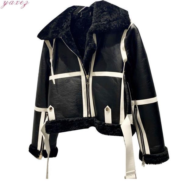 leather lamb fur patchwork jackert autumn winter white stripe contrast belt label motocycle coat overcoat women's jackets, Black;brown
leather lamb fur patchwork jackert autumn winter white stripe contrast belt label motocycle coat overcoat women's jackets, Black;brown
