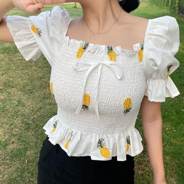 women's blouses & shirts summer women fruit embroidery design loose lovely crop short sleeve hem ruffles female blouse, White
women's blouses & shirts summer women fruit embroidery design loose lovely crop short sleeve hem ruffles female blouse, White