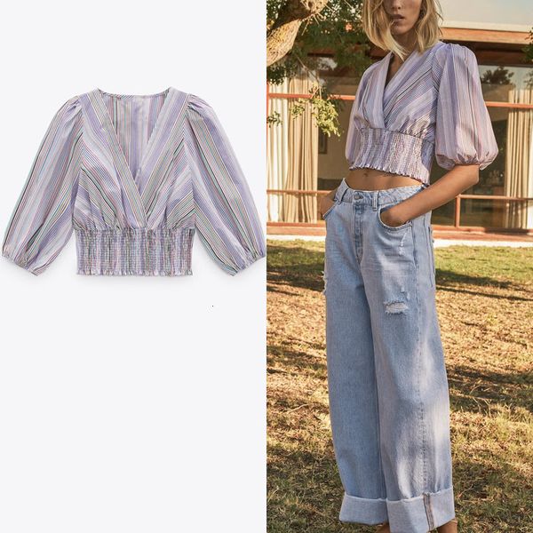 blouses spring cropped striped shirt women sleeve v neck smocked vintage pleated blouse feminine chic streetwear short, White
blouses spring cropped striped shirt women sleeve v neck smocked vintage pleated blouse feminine chic streetwear short, White