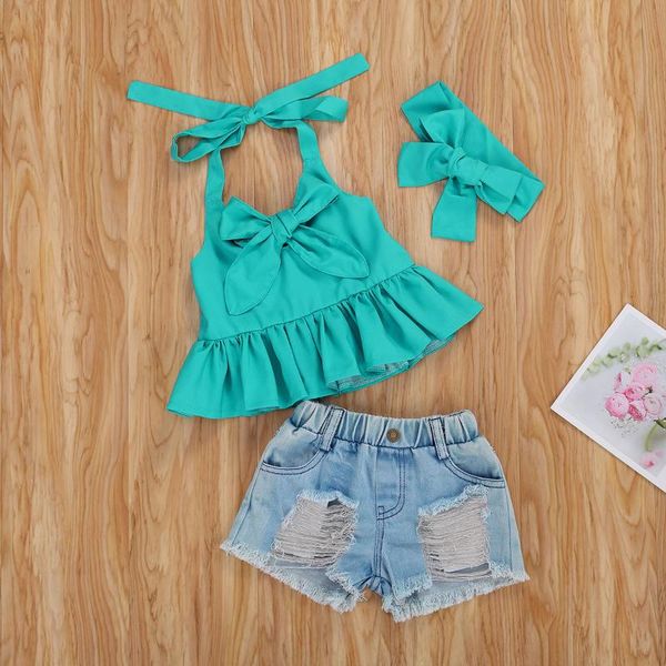 1-6y summer lovely kids girls clothes sets bowknot sleeveless ruffles vest denim shorts headband clothing, White
1-6y summer lovely kids girls clothes sets bowknot sleeveless ruffles vest denim shorts headband clothing, White