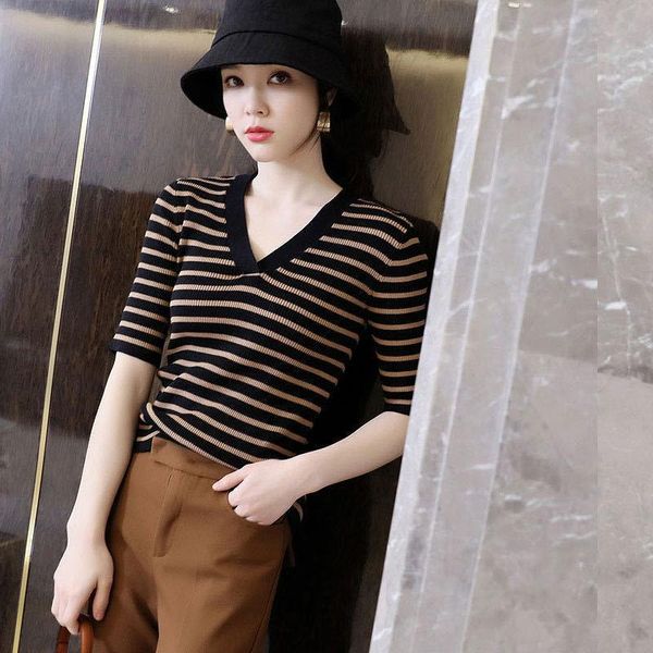 women's t-shirt spring and summer knitted short sleeve pullover v-neck stripe cotton half net red tight elastic top, White
women's t-shirt spring and summer knitted short sleeve pullover v-neck stripe cotton half net red tight elastic top, White