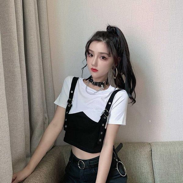 women's t-shirt 2021 female summer high waist short fake two-piece ins wind shoulder strap harajuku crop y2k gothic clothes tees, White
women's t-shirt 2021 female summer high waist short fake two-piece ins wind shoulder strap harajuku crop y2k gothic clothes tees, White