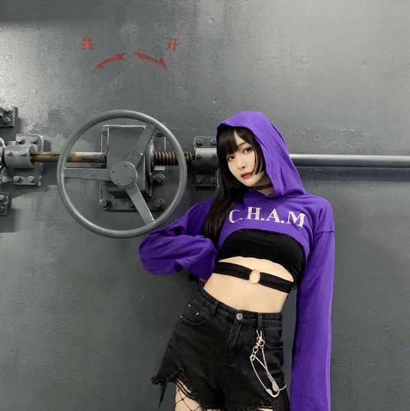 ins short long sleeve hooded reflective sweater punk hip hop cool street personality versatile navel dance top, Black
ins short long sleeve hooded reflective sweater punk hip hop cool street personality versatile navel dance top, Black