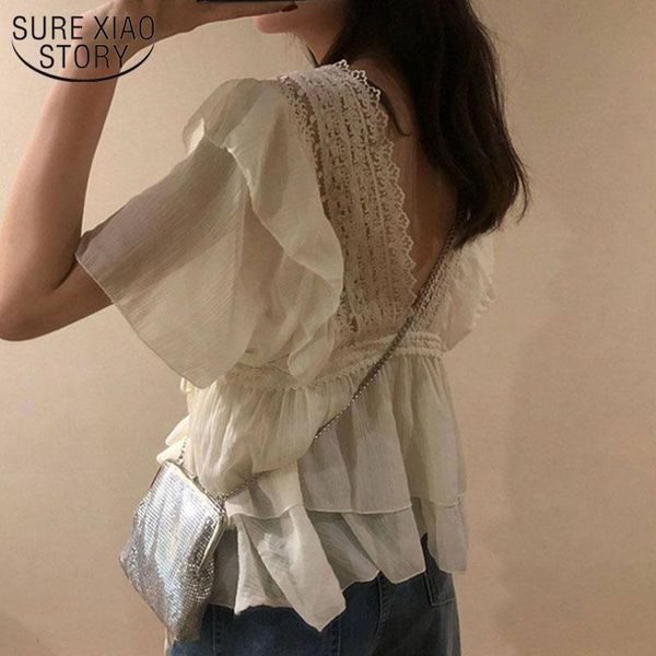 women's blouses & shirts summer loose chiffon lace blouse women short sleeve big v-neck backless female ruffle stitching and shirt, White
women's blouses & shirts summer loose chiffon lace blouse women short sleeve big v-neck backless female ruffle stitching and shirt, White