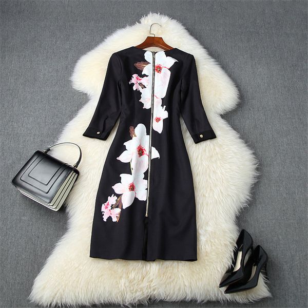 elegant fall for women clothes fashion three-quarters flower print thin on knee dressed black office dress, Black;gray
elegant fall for women clothes fashion three-quarters flower print thin on knee dressed black office dress, Black;gray