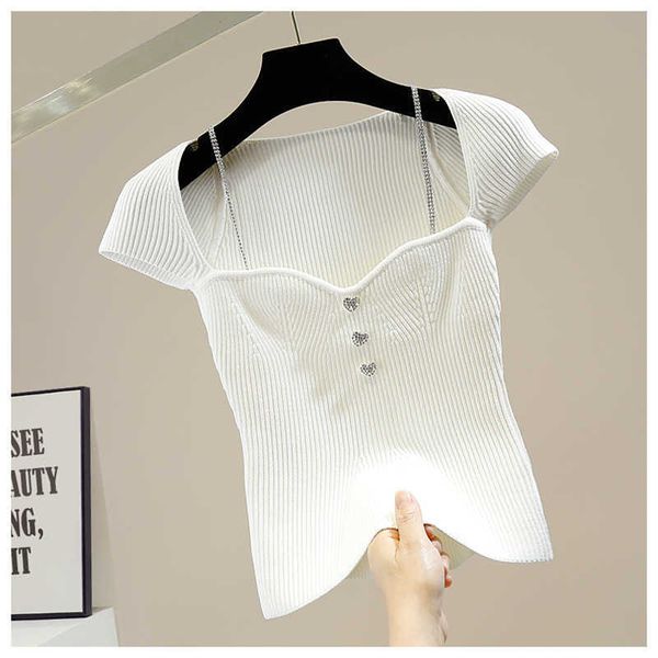 est diamond love button chain sling square collar low-cut knitted cropped summer wild solid thin pullover 210525, White;black
est diamond love button chain sling square collar low-cut knitted cropped summer wild solid thin pullover 210525, White;black