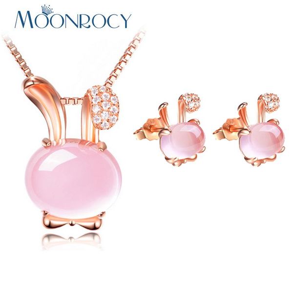 earrings & necklace moonrocy drop rose gold color cute rubbit crystal ross quartz pink opal and jewelry set for women, Silver 
earrings & necklace moonrocy drop rose gold color cute rubbit crystal ross quartz pink opal and jewelry set for women, Silver