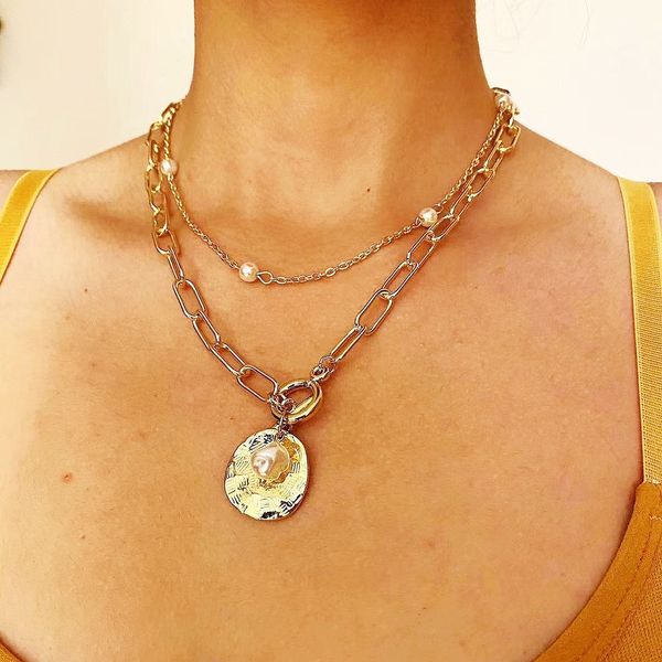 dainty double layering necklaces gold plated paperclip chain necklace simple cute coin pendant choker layered neck wearing imitation pearl d, Silver
dainty double layering necklaces gold plated paperclip chain necklace simple cute coin pendant choker layered neck wearing imitation pearl d, Silver