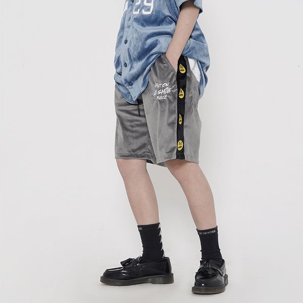 men's shorts summer high street embroidered smiley veet shorts men and women oversize casual cord five stitches pants, White;black
men's shorts summer high street embroidered smiley veet shorts men and women oversize casual cord five stitches pants, White;black