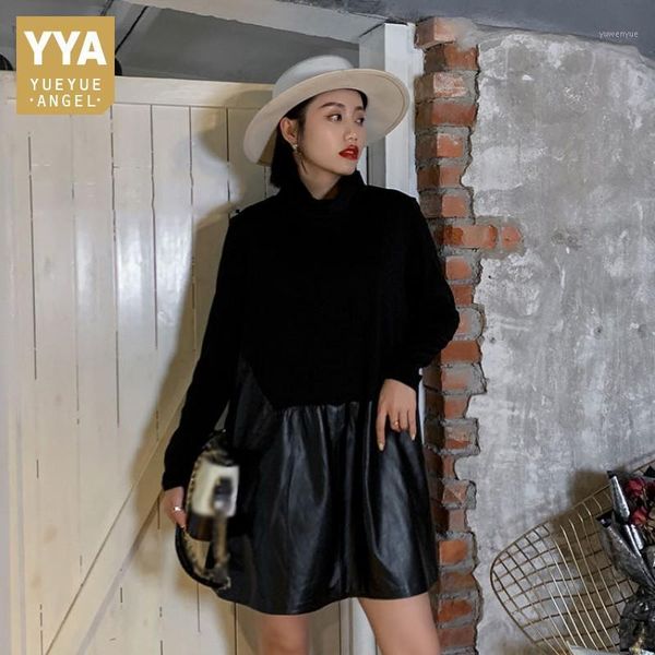 casual dresses harajuku autumn women long sleeve turtleneck loose fit dress patchwork genuine leather ladies high street, Black;gray
casual dresses harajuku autumn women long sleeve turtleneck loose fit dress patchwork genuine leather ladies high street, Black;gray