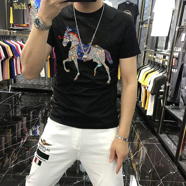 men's t-shirts with rhinestone animal print short sleeve brand shiny design, White;black
men's t-shirts with rhinestone animal print short sleeve brand shiny design, White;black