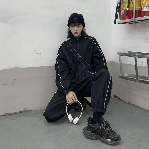 women's pants & capris spring and autumn yuansufeng sports suit ins men's same coat guochao dark two-piece set with loose reflecti, Black;white 
women's pants & capris spring and autumn yuansufeng sports suit ins men's same coat guochao dark two-piece set with loose reflecti, Black;white