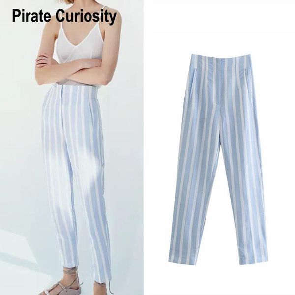 women's pants & capris 2021 za long women fashion high waist blue striped summer casual side pocket zip loose feminine pant vintage muj, Black;white
women's pants & capris 2021 za long women fashion high waist blue striped summer casual side pocket zip loose feminine pant vintage muj, Black;white