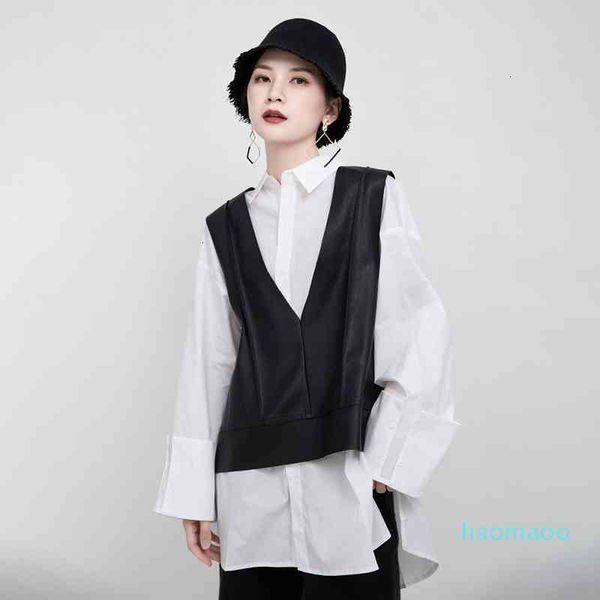 two piece dress fashion-galcaur korean set female lapel collar long sleeve shirt v neck sleeveless pu velvet vest suits clothes gc, White
two piece dress fashion-galcaur korean set female lapel collar long sleeve shirt v neck sleeveless pu velvet vest suits clothes gc, White