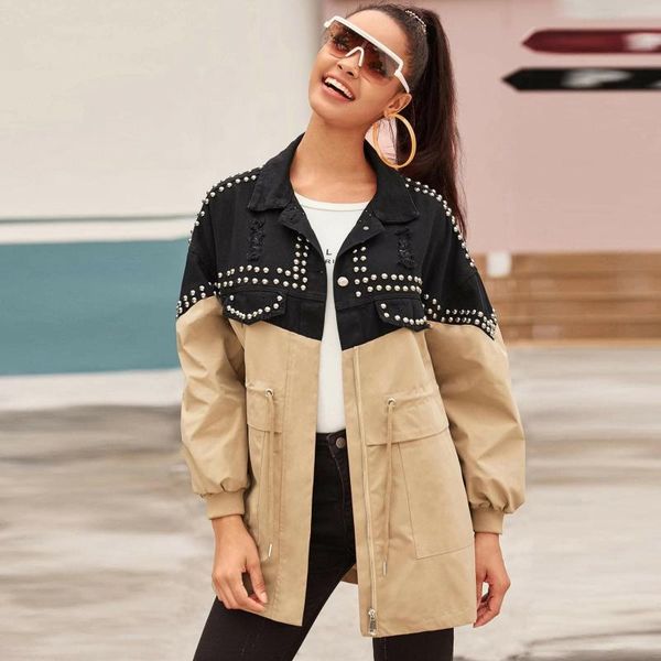 women's trench coats stitching denim jacket 2021 autumn winter contrast color lapel studded windbreaker street hipster casual coat, Tan;black
women's trench coats stitching denim jacket 2021 autumn winter contrast color lapel studded windbreaker street hipster casual coat, Tan;black