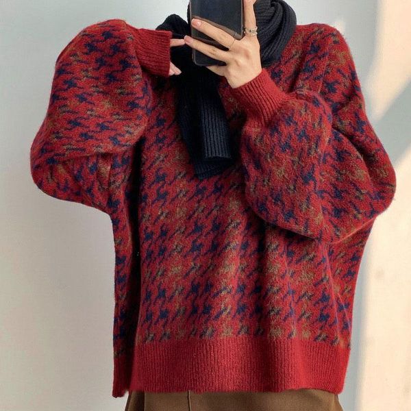 women's sweaters knitted houndstooth print oversized women sweater o-neck lantern sleeve pullover female 2021 autumn lady casual jumper, White;black
women's sweaters knitted houndstooth print oversized women sweater o-neck lantern sleeve pullover female 2021 autumn lady casual jumper, White;black