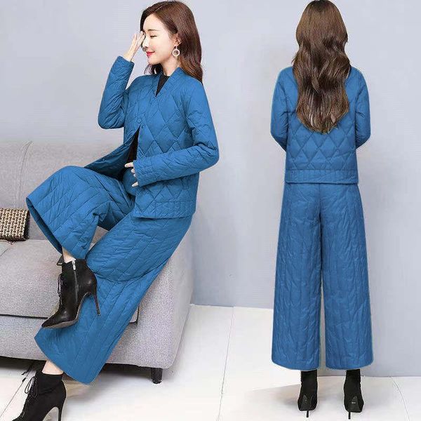 winter blue clothes fashion down jacket suit female korean version light cotton wide leg pants two-piece set women's two piece, White 
winter blue clothes fashion down jacket suit female korean version light cotton wide leg pants two-piece set women's two piece, White