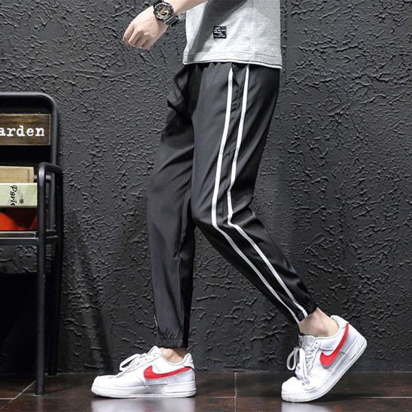 men's pants summer youth loose thin striped cropped sports trend ifjb, Black 
men's pants summer youth loose thin striped cropped sports trend ifjb, Black