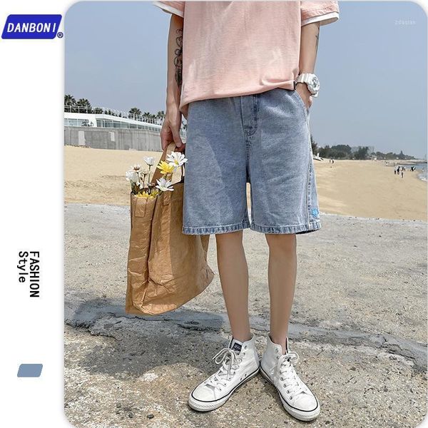 men's jeans dbn # denim shorts summer 2021 loose reflective ribbon capris trendy straight pants, Blue 
men's jeans dbn # denim shorts summer 2021 loose reflective ribbon capris trendy straight pants, Blue