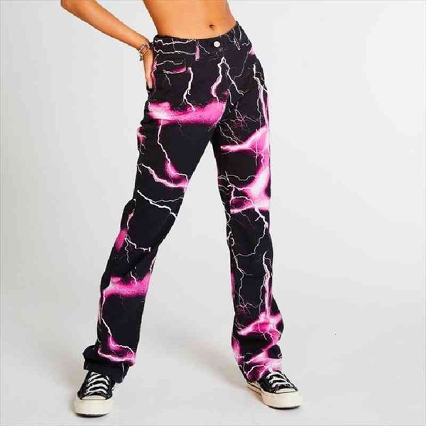 fashion lightning print jeans high waist color block straight trousers women ladies stylish wild casual streetwear pants, Blue
fashion lightning print jeans high waist color block straight trousers women ladies stylish wild casual streetwear pants, Blue