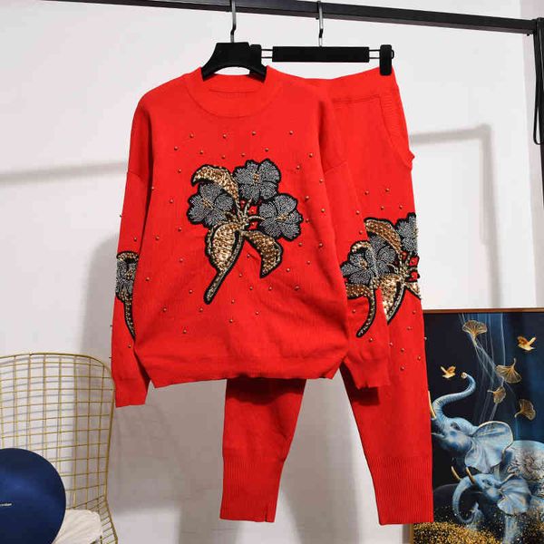 women's two piece pants red black beading flowers knitted tracksuits set women loose long sleeve knit sweater pullover pencil outfits 2, White
women's two piece pants red black beading flowers knitted tracksuits set women loose long sleeve knit sweater pullover pencil outfits 2, White