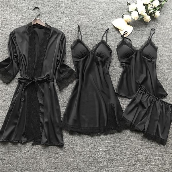 4 pieces pajamas sets women sleepwear faux silk elegant lace fashion autumn homewear, Black;red
4 pieces pajamas sets women sleepwear faux silk elegant lace fashion autumn homewear, Black;red