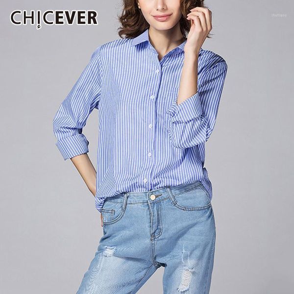 women's blouses & shirts chicever korean casual striped lapel collar long sleeve slim elegant female clothing 2021 fashion tide, White