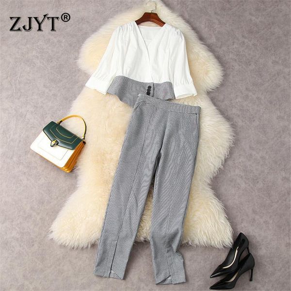women's two piece pants elegant lady career office trousers suit summer designer patchwork blouse and 2 matching set outfits, White
women's two piece pants elegant lady career office trousers suit summer designer patchwork blouse and 2 matching set outfits, White