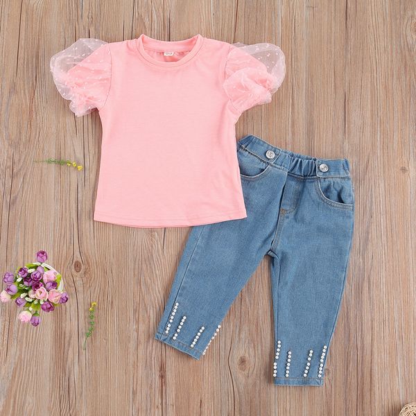 sunsiom 1-6y fashion kids girls clothes sets lace puff sleeve solid pullover t shirts pearl blue denim pants sets, White
sunsiom 1-6y fashion kids girls clothes sets lace puff sleeve solid pullover t shirts pearl blue denim pants sets, White
