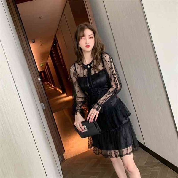 french polka dot lace bowknot diamond dress female autumn perspective mesh fishtail office lady 210416, Black;gray
french polka dot lace bowknot diamond dress female autumn perspective mesh fishtail office lady 210416, Black;gray