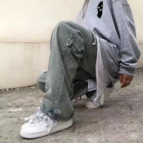 men's jeans frayed ripped baggy pants men and women washed streetwear straight loose denim trousers hip hop harajuku plus size, Blue
men's jeans frayed ripped baggy pants men and women washed streetwear straight loose denim trousers hip hop harajuku plus size, Blue