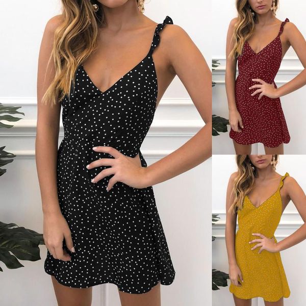 

casual dresses wave point back lacing wavy shoulder strap dress sundress women summer 2021 straps v neck sleeveless vestidos, Black;gray