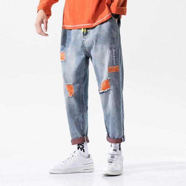 men's jeans trendy handsome streetwear personality hole embroidery contrast color hip hop straight male denim pants, Blue
men's jeans trendy handsome streetwear personality hole embroidery contrast color hip hop straight male denim pants, Blue