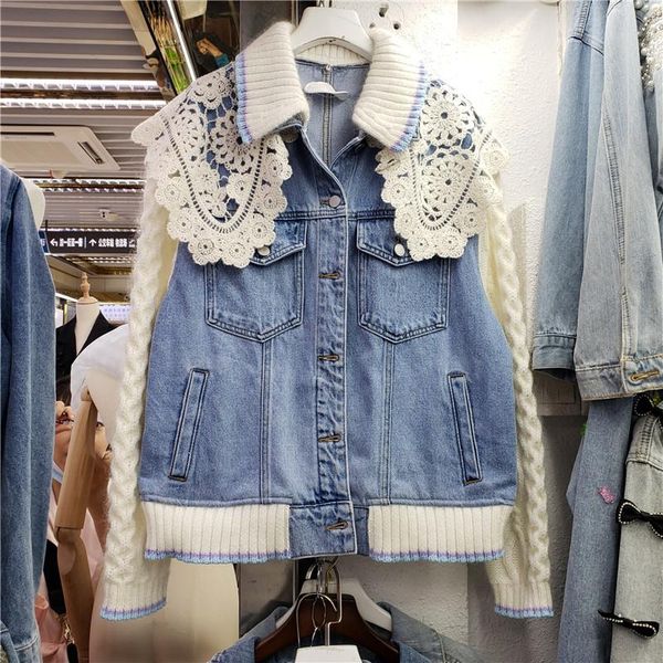 women's jackets harajuku jeans coat 2021 autumn knitted sleeve denim coats lace collar stitching short jacket loose students jean, Black;brown
women's jackets harajuku jeans coat 2021 autumn knitted sleeve denim coats lace collar stitching short jacket loose students jean, Black;brown