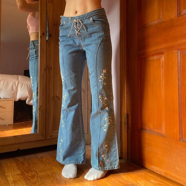 women's jeans leosoxs tie up low waist y2k woman floral embroidery 2000s cute denim trousers grunge fashion aesthetic flared sweatpants, Blue
women's jeans leosoxs tie up low waist y2k woman floral embroidery 2000s cute denim trousers grunge fashion aesthetic flared sweatpants, Blue