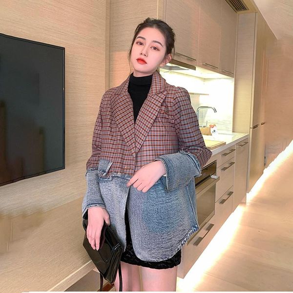 women's jackets women coat spring autumn korean formal office denim stitching plaid retro loose personality jacket y170, Black;brown
women's jackets women coat spring autumn korean formal office denim stitching plaid retro loose personality jacket y170, Black;brown