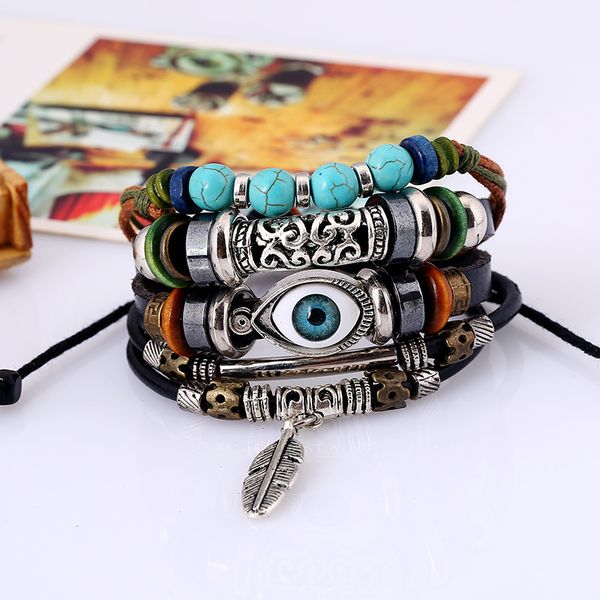 jewelry beaded multi-layer blue eyes turquoise leather charm bracelet ethnic feather pendant student men's and women's bracelets, Golden;silver
jewelry beaded multi-layer blue eyes turquoise leather charm bracelet ethnic feather pendant student men's and women's bracelets, Golden;silver