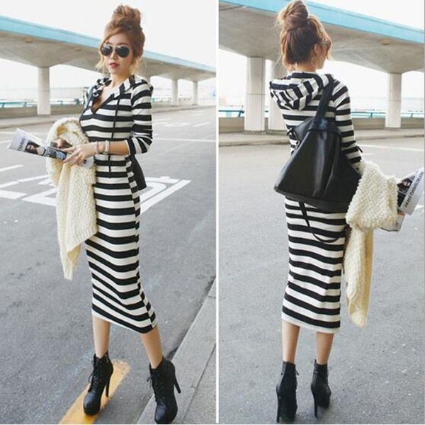 long length women dresses fashion striped color sleeve hooded dress casual slim ladies, Black;gray
long length women dresses fashion striped color sleeve hooded dress casual slim ladies, Black;gray